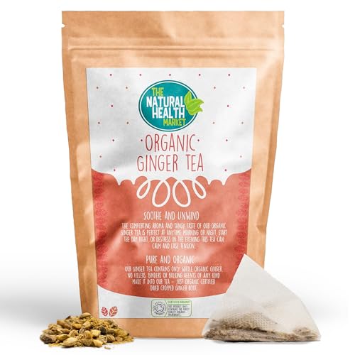 The Natural Health Market, Organic Ginger Tea Bags - 20 Count | Digestive Support & Metabolism Boost | Made in Britain | Climate Pledge Friendly | Herbal & Vegan Tea with Compostable Pyramid Bags