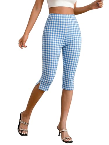 MakeMeChic Women's Capri Pants High Waisted Elastic Leggings Casual Yoga Going Out Dressy Capri Pants Blue and White Small