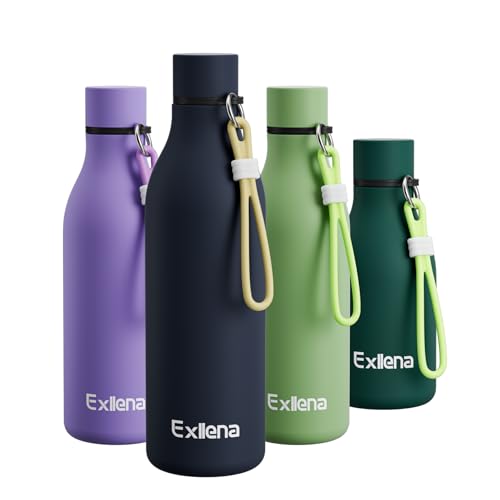 Exllena Metal Water Bottle 750ml with Silicone Strap, Double Wall Vacuum Insulated Water Bottles Keeps Drinks Cold 24 Hrs/Hot 12 Hrs, Stainless Steel Water Bottle BPA Free(Navy Blue)