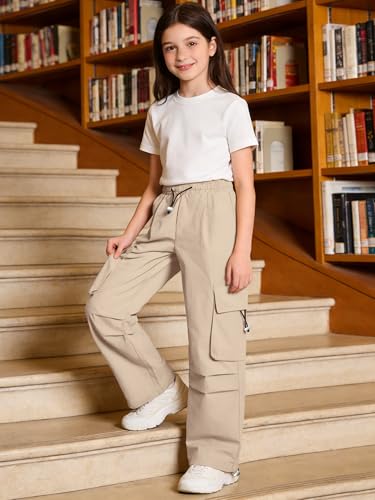 Image of SANGTREE Girls Parachute Pants Loose Lightweight Drawstring Waist Hip Hop Cargo Pants,6-16 Years