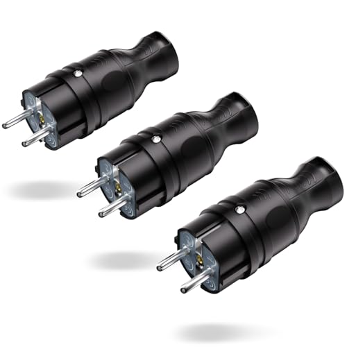 Connettori Schuko 3 Pezzi, IP44 Schuko Spina, 250 V/16 A Spina con Contatto di Protezione, Adatto per Interni ed Esterni(Nero)