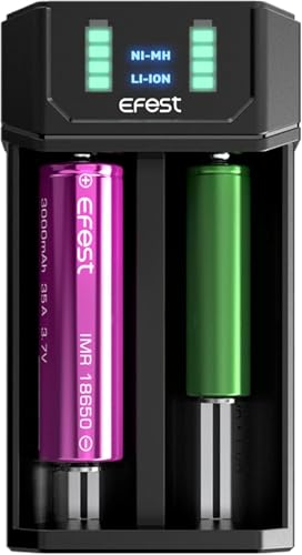 Mega USB Battery Charger for Efest, for AA AAA 18650 21700 Batteries Dual Slot Fast 1A NiMH Li-ION, TVDC, 2 ml cartridge, No Nicotine