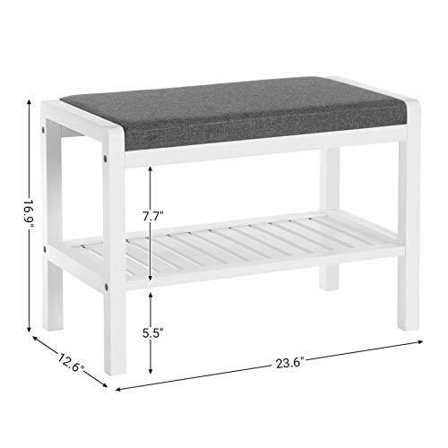 Image of SONGMICS Shoe Rack Bench with Cushion Upholstered Padded Seat, Storage Shelf, Shoe Organizer, Holds Up to 350 lb, Ideal for Entryway Bedroom Living Room Hallway Garage Mud Room Gray and White ULBS65WN