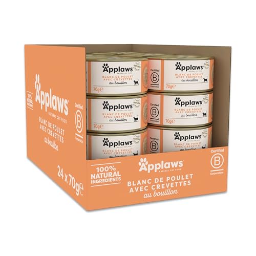Applaws Nourriture Humide 100% Naturelle pour Chats Adultes, Blanc de Poulet avec Crevette dans Un Bouillon, 24 x 70g Boîtes