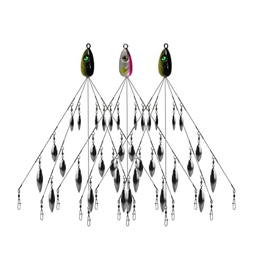 HCHinn Alabama Rig for Bass Striper Fishing Lures Baits 5 Arms Umbrella A-Rig Swimbaits with 12 Willow Leaf Blades for Trout Perch Walleye Freshwater/Saltwater Boat Trolling and More