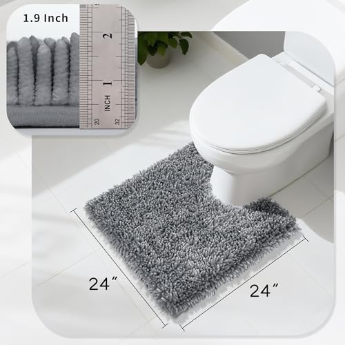 Image of Yimobra Toilet Rugs U Shaped Washable, Extra Thick Soft Absorbent Chenille Contour Bathroom Rugs for Toilet 24x24 Inch, Quick Dry Non Slip Toilet Mat for Bath Floor, Silver