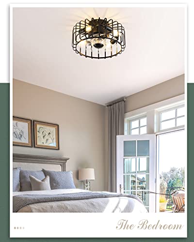 13'' Low Profile Small Flush Mount Farmhouse Industrial Caged Ceiling Fan With Lights, 6 Speed Bladeless Black Ceiling Fan With Remote Control For Living Room, Bedroom, Kitchen (Black) #TOP5