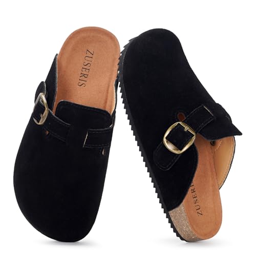 Kids Suede Clogs Boys Girls Cork Footbed Potato Shoes Classic Slip On Leather Mules Children Indoor Outdoor Sandals with Adjustable Buckle Black 7 Big Kid=Label 40