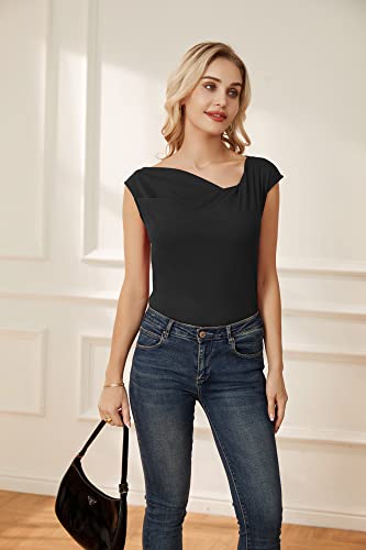 Grace Karin Tank Top For Women Cap Sleeve Shirt Slim Fit Black Soft Asymmetric Neck Blouse S #TOP2