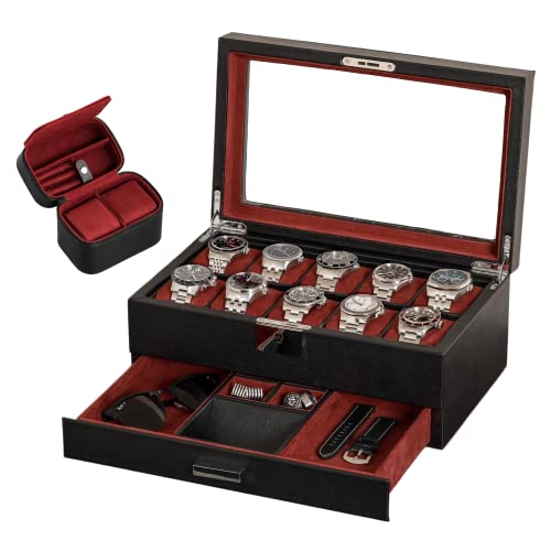 Gift Set 10 Slot Leather Watch Box With Valet Drawer & Matching 2 Watch Travel Case - Luxury Watch Case Display Organizer, Locking Mens Jewelry Watches Holder, Men's Storage Boxes Glass Top Black/Red #TOP25