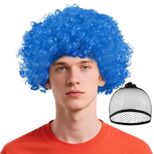 BSBUY Perruques Afro Bouclées Bleu, Accessoires de Costume de Clown avec Bonnet de Perruque, Perruques de Fête, Perruque Bleu de Clown