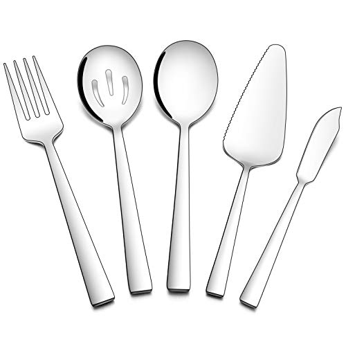 Homikit 5-Piece Silverware Serving Utensils Set, Stainless Steel Square Flatware Hostess Set Include Pie Server Serving Spoons Butter Knife Serving Fork, Dishwasher Safe, Mirror Polished