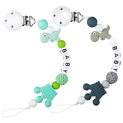 2 Pieces Silicone Pacifier Clip Dinosaur Baby Pacifier Holder Clip Soft Pacifier Holder Clip Silicone Beads Pacifier Lanyard Silicone Teething Beads Teether Clips for Newborn Baby Unisex 6 - 24 Month