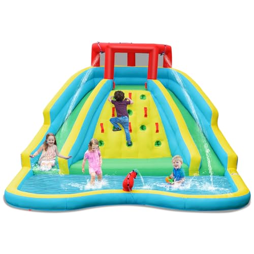 KOTEK Inflatable Water Slide, Water Park Waterslide Inflatables with Large Splashing Pool, 2 Slides, Climbing Wall & Water Hose, Outdoor Blow up Water Slides for Kids Backyard Fun (without Blower)