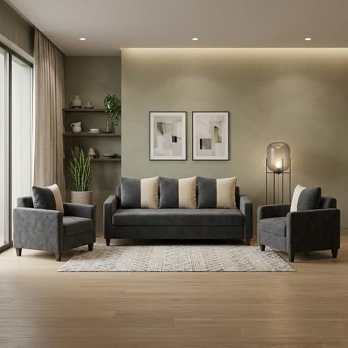 Image of FURNY Rion 3 Seater + 1 Seater + 1 Seater Fabric Sofa Set (Dark Gray-Cream) with Velvet Finish | Durable Comfort | Ideal for Living Room