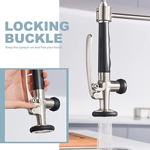 Commercial Kitchen Faucet With Pre-Rinse Sprayer, Wowow Solid Brass Commercial Restaurant Faucet 1 Or 3 Hole Spring Kitchen Faucet With Deck Plate, Brushed Nickel #TOP3