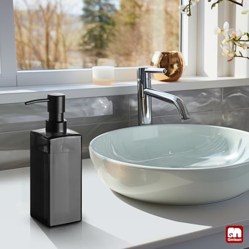 Image of GMISUN Black Glass Soap Dispenser, Hand Soap Dispenser with Stainless Steel Pump for Bathroom, 12 fl oz /350ml Refillable Dish Dispensers for Kitchen, Modern Liquid Lotion Bottles for Countertop