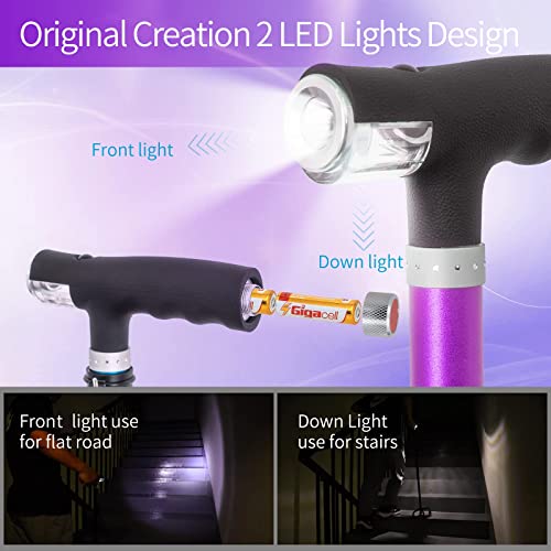 Benecane Quad Cane Walking Cane With Two Led Lights With Big Base T Handle＆Lightweight Adjustable Walking Stick Four Pronged Sturdy For Men And Women(Purple) #TOP1