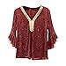 Women's V Neck Flare Sleeve Shirts Dressy Sparkly Tunic Tops Flowy Ruffle 3/4 Bell Sleeves Blouses for Party Wear(Wine,X-Large)
