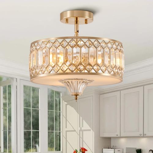 peskoe Gold Crystal Ceiling Light Fixture for Hallway Foyer Bedroom Kitchen Island, 13" Modern Drum Round Close to Ceiling Light Fixture, 3-Light, Brushed Gold Chandelier
