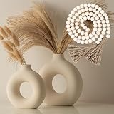 White Ceramic Vase Set of 2 + Wooden Beads Garland for Table Decor, Modern Vases, Round Vases for Ce
