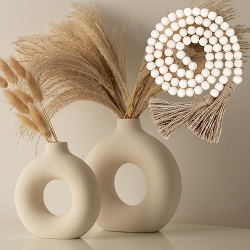 White Ceramic Vase Set Of 2 + Wooden Beads Garland For Table Decor, Modern Vases, Round Vases For Centerpieces, Home Decor Accents, Mantel Decorations, Pampas Vase, Neutral Home Decor Aesthetic #TOP4