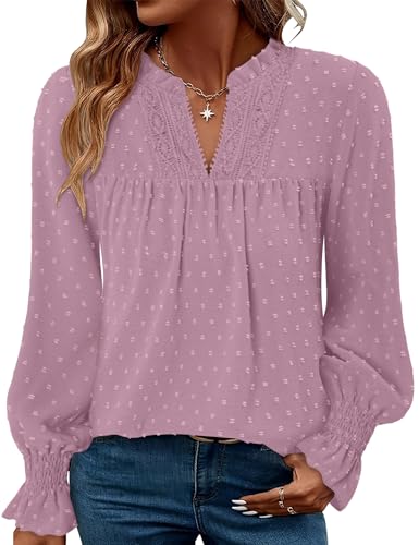 BETTE BOUTIK Women Boho Long Sleeve Shirts Dressy Casual V Neck Fall Fashion Tops Swiss Dot Flowy Blouses