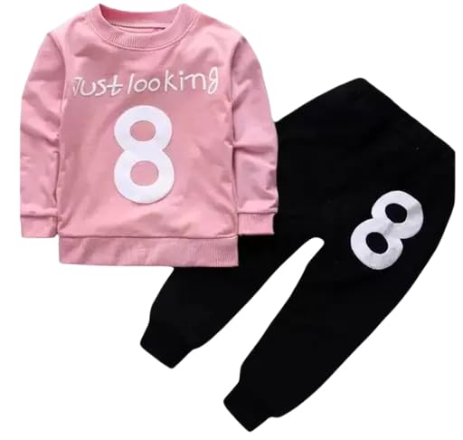 Image of Pink Printed Round Neck Full Sleeves Sweatshirt and Black Pant Set