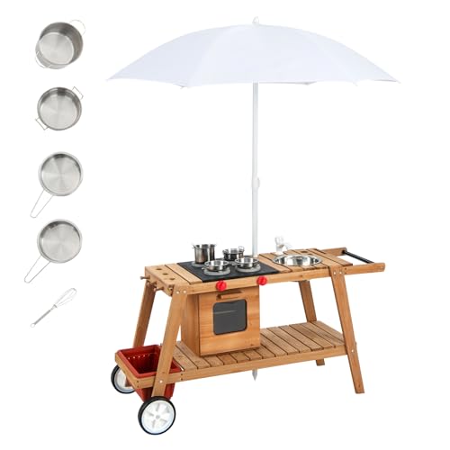 HOMASIS Cuisine extérieure pour enfants avec parasol, chariot à nourriture en bois avec roulettes, jeu avec boîte de rangement, jouet de jardin pour enfants de 3 ans et plus, 114 x 48 x 59 cm (blanc)