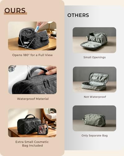 Image of Batfield Makeup Pouch Bag for Women, 2Pcs Waterproof Puffer Set with 180 Flat Open, Travel Large Capacity Makeup Bag for Women with Brush Compartment & Handle for Vacation, Business Trip (Black)