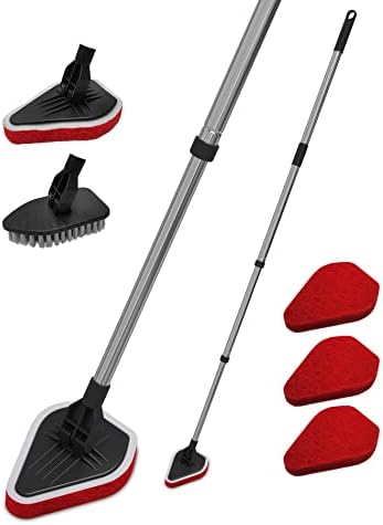 Tenzda 2 in 1 Scrub Cleaning Brush with Long Handle 46''，Extendable Tub & Tile Scrubber with 1 Stiff Bristle and 3 Sponge Brushes for Cleaning Bathroom Shower Bathtub Glass Tile Floor