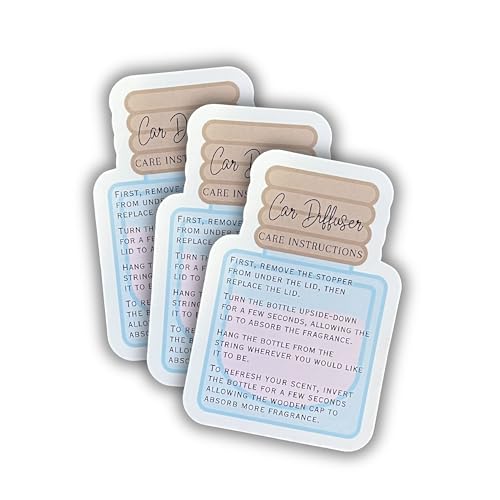 Car Oil Hanging Diffuser Instruction Care Card | 50 Pk 2x3” inches Wooden Bottle Die Cut Shape of Reed Diffuser Oil Bullet Warning Labels Scent for Clients Care Business Cards DIY