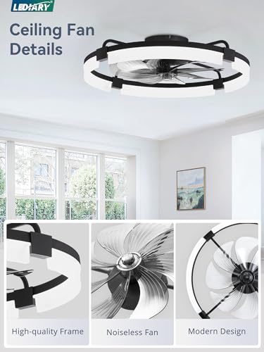 Image of LEDIARY 24 inch Ceiling Fans with Lights and Remote, Modern Low Profile Ceiling Fan, 3 CCT, Stepless Dimmable, Fandelier Flush Mount Fan Light, 6 Speeds, DC Motor, App & Remote Control for Bedroom(Black)