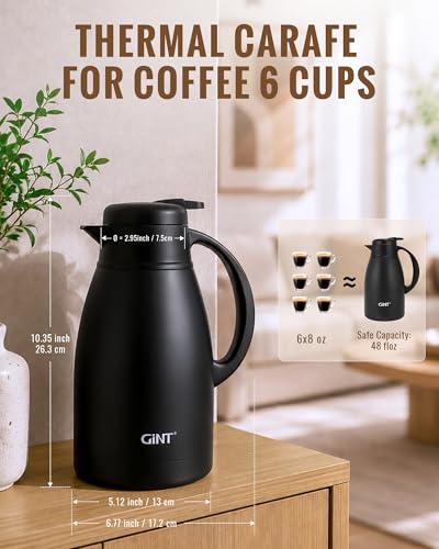 Image of GiNT Thermal Coffee Carafe 51 Oz, Stainless Steel Insulated Beverage Server with Easy-Clean Detachable Lid, Leak-Proof One-Hand Pour Large Dispenser for Hot Drinks and Coffee Pot for Home Office