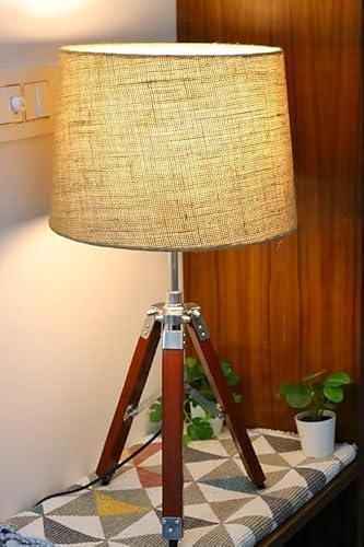 MZ Enterprises Table Lamp Tripod in Natural Finish with Jute Lamp Shade, Bulb, Power Cable and Holder Included. Best for Bedroom, Office Desk, Living Room, Guest Room, Study Room Pack of 1