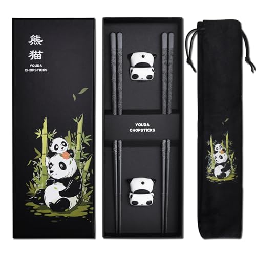 Set di Bacchette Riutilizzabili in Fibra di Vetro - 2 Paia con Portabacchette a Forma di Panda - Design Carino Cinese - Lavabile in Lavastoviglie - Ideale per Sushi, Hot Pot, Regali (Nero) 