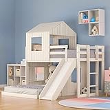 Harper & Bright Designs House Bunk Beds with Slide, Wood Twin Over Full Bunk Beds with Roof and Guard Rail for Kids, Toddlers, No Box Spring Needed (White, Twin Loft Bed with Slide)