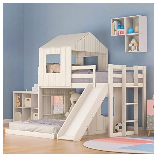 Harper & Bright Designs House Bunk Beds with Slide, Wood Twin Over Full Bunk Beds with Roof and Guard Rail for Kids, Toddlers, No Box Spring Needed (White, Twin Loft Bed with Slide)