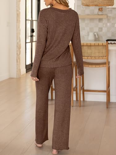 ANRABESS Women's 2 Piece Lounge Pajama Sets Ribbed Long Sleeve Button Top Matching Pants Sleepwear PJ Set 2025 Fall Outfits4