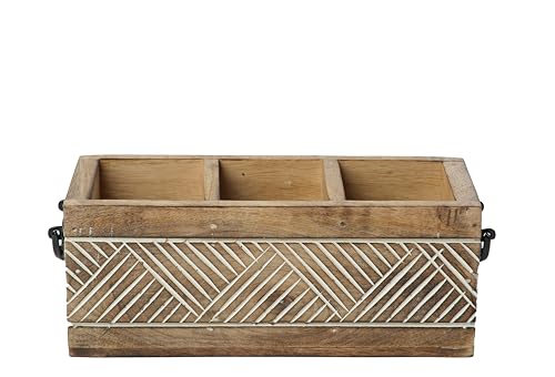 Image of Ikari Homes Wooden Cutlery Holder With Antique Carving Geometric Pattern I Cutlery Stand For Spoon /Fork /Tissues I Premium Cutlery Stand For Dining Table I 10 In X 4 In X 4 In With Handles, Brown