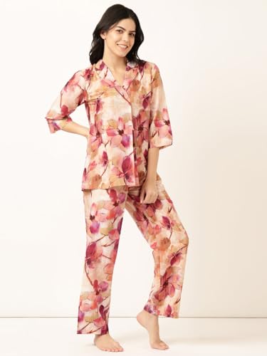 Image of STORIES OF BANNO'S SWAGGER Premium Poly Muslin Floral Co-Ord Set for Women | Soft Pajama Set | Elegant Printed Nightwear Lounge Outfit | Trendy Casual Wear Co-Ord Set