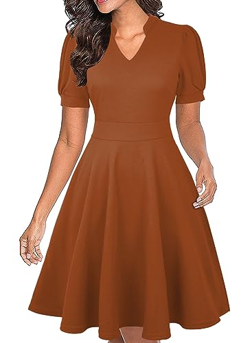Image of Mokayee Womens Summer Short Puff Sleeve Casual Semi-Formal Fit and Flare Church Wedding Guest Work Dresses with Pockets