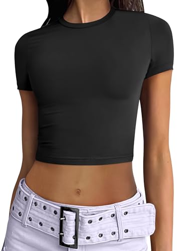 ANRABESS Womens Basic Tee Summer Outfits Crewneck Short Sleeve Crop Tops Slim Fitted T Shirts Y2k 2025 Trendy Clothing