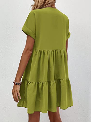 Image of WDIRARA Women's Roll Up Short Sleeve V Neck Ruffle Hem Solid Swing Smock Dress