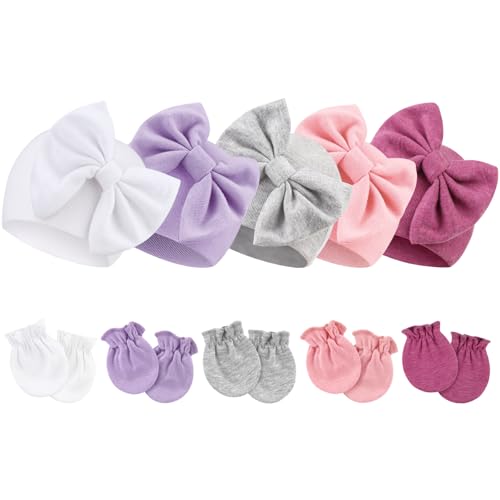 Image of Newborn Baby Hats and Mittens Set Infant Bow Beanie Cap Toddler Gloves Newborn Hospital Hats for Baby Boy Girl 0-12 Months