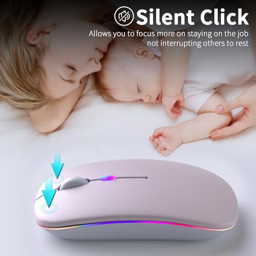 KANMABPC Wireless Bluetooth Mouse – Rechargeable, Silent, Dual Mode (Bluetooth 5.2 & USB) with LED Lights – Portable for Laptop, Desktop, & Tablet(Pink) by KANMABPC - Image 2