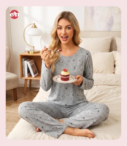 Image of ENJOYNIGHT Womens Pajama Set Cotton Pjs Long Sleeve Sleepwear with Pockets