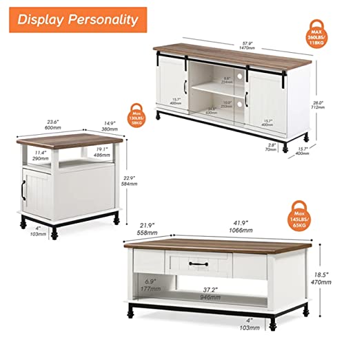 Wampat Premium Farmhouse Tv Stand,Coffee Table,End Table Set Of 3, 1 Large Center Table With Drawers, 1 Sliding Barn Door Tv Stand,1 Nightstand End Side Table,White/Oak #TOP4
