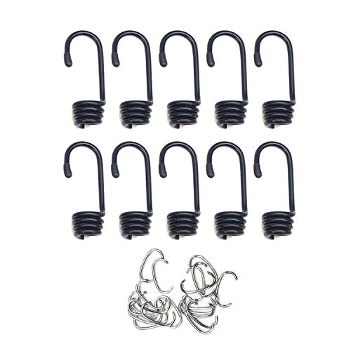 Hook & Cord - Metal Plastic-Coated Spring Hooks - Wire Bungee Cord Hooks - Strong Gauge with End Protective Cap - for Tarps, Covers, Sunshades (10, 1/2