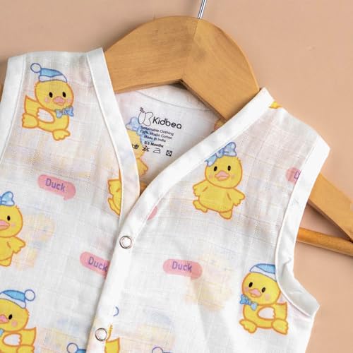 Image of Kidbea Newborn Baby Jhabla Muslin Cotton Clothes for Boys & Girls | Soft Breathable, Cute Printed Sleeveless Baby Wear with Button Closure